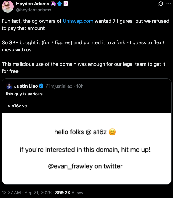 Создатель Uniswap Хейден Адамс заявил, что SBF купил Uniswap.com за семизначную сумму до возвращения домена через WIPO