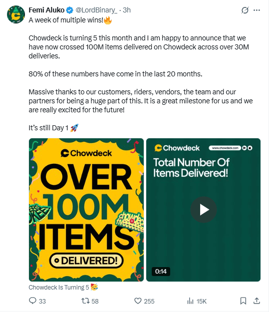 Chowdeck достигла 100 миллионов доставленных заказов за пять лет
