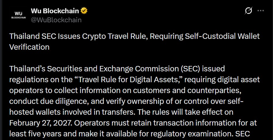 Tailandia exigirá verificación de billeteras autohospedadas bajo la nueva Travel Rule de criptomonedas