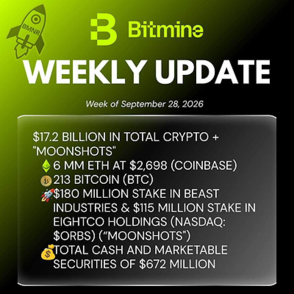BitMine Immersion Technologies (BMNR) ETH Holdings Top 6 Million Tokens as Total Crypto, Cash and Marketable Securities Reach $17.2 Billion