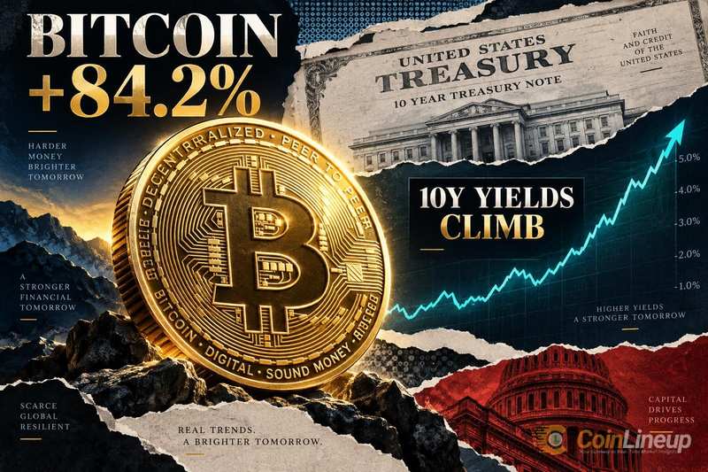 Bitcoin sale dell'84,2% mentre i rendimenti dei Treasury decennali salivaono, riporta CryptoSlate