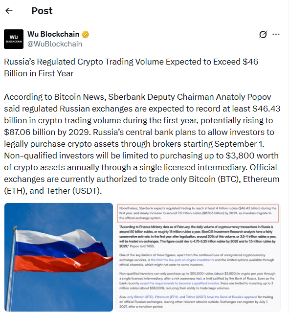 La Russia si prepara al trading di criptovalute regolamentato, con volumi previsti vicini agli 89 miliardi di dollari