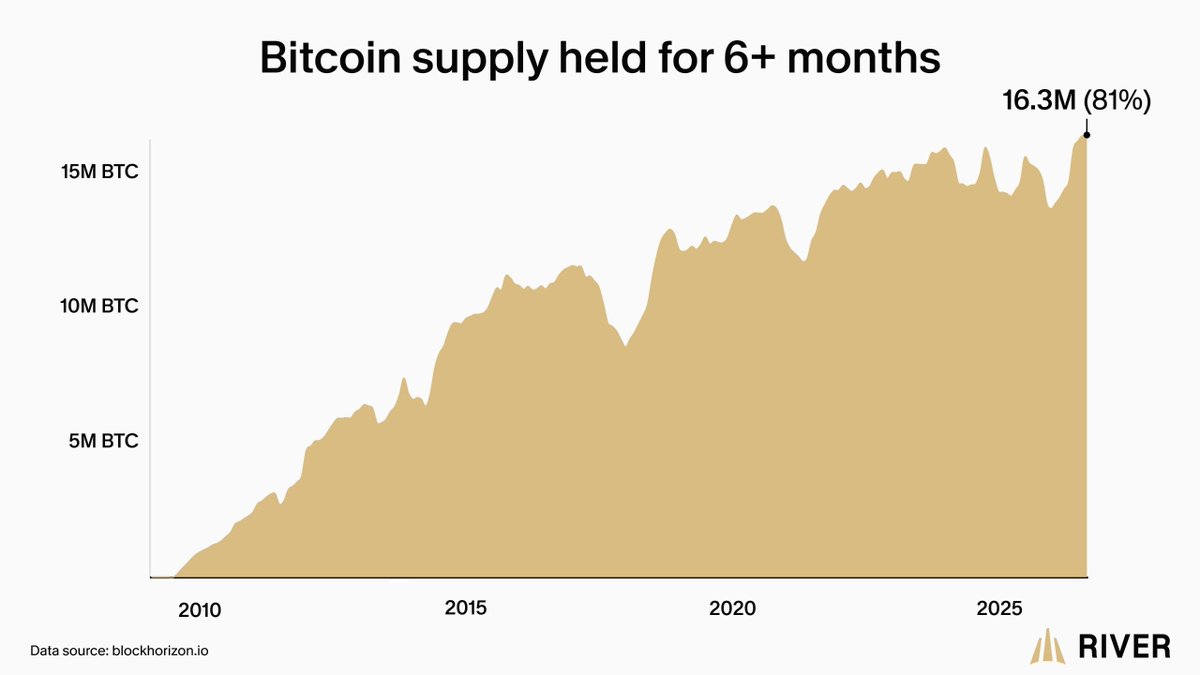 Доля BTC, не двигавшаяся шесть месяцев, достигла рекордных 81% на фоне ускорения притоков в спотовые биткоин-ETF