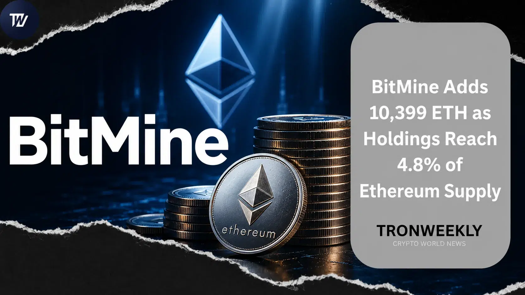 BitMine aggiunge 10.399 ETH, le riserve raggiungono il 4,8% dell'offerta di Ethereum