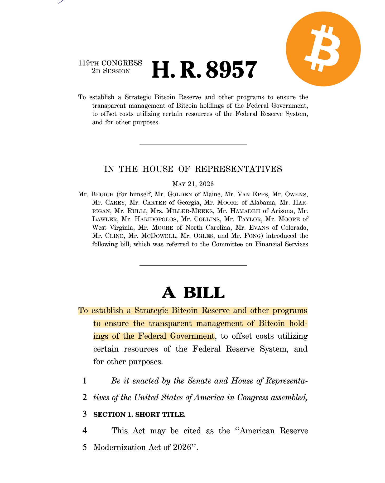 Законопроект о стратегическом резерве биткоина будет рассмотрен комитетом Палаты представителей 16 сентября