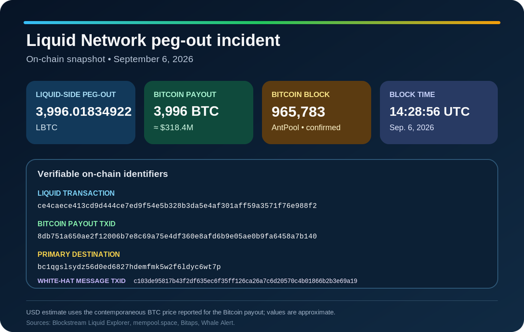 Faille de sécurité sur Liquid Network : près de 4 000 BTC déplacés lors d'un peg-out non autorisé, des acteurs se déclarant « white hats » revendiquent leur responsabilité