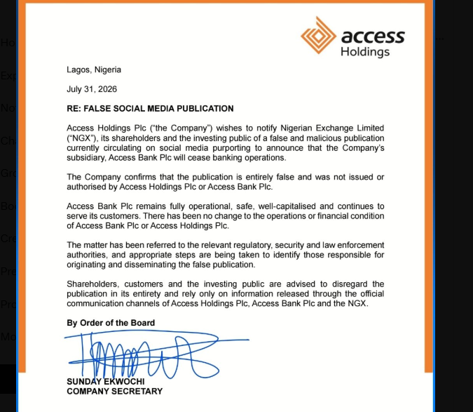 Access Holdings Dismisses Fake Access Bank Shutdown Report, Threatens Legal Action