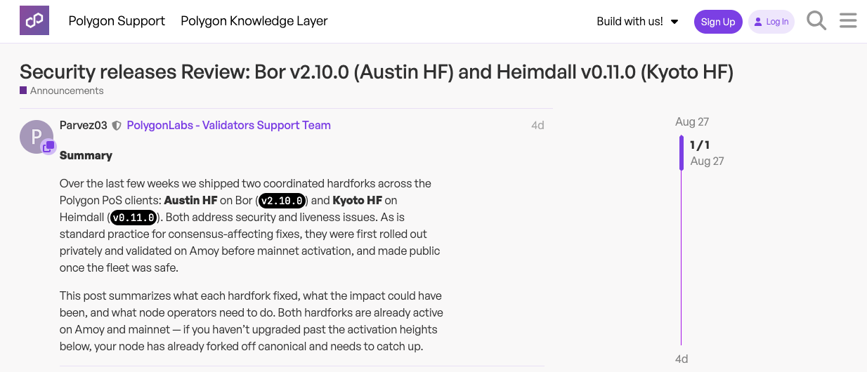 Polygon称Austin和Kyoto硬分叉修复了PoS网络中的安全问题