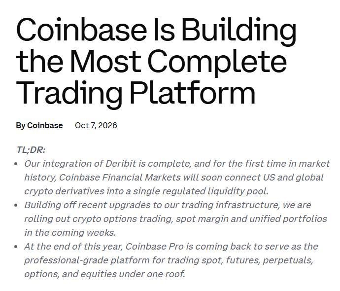 Coinbase Proが年内に復活、Deribit統合が完了