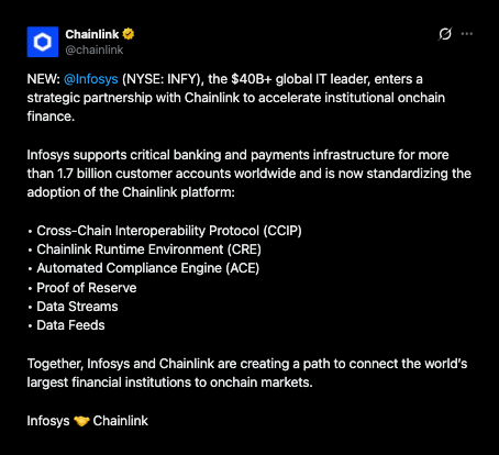 Infosys стандартизирует работу банковских систем с 1,7 млрд счетов на стеке Chainlink