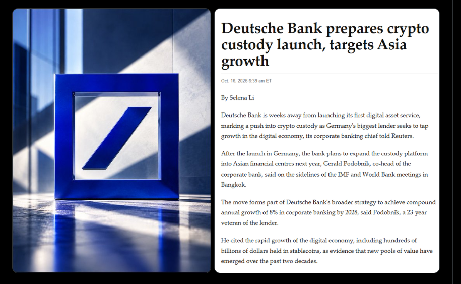 Deutsche Bank to Expand Bitcoin and Ether Custody to Asia in 2027 After German Launch