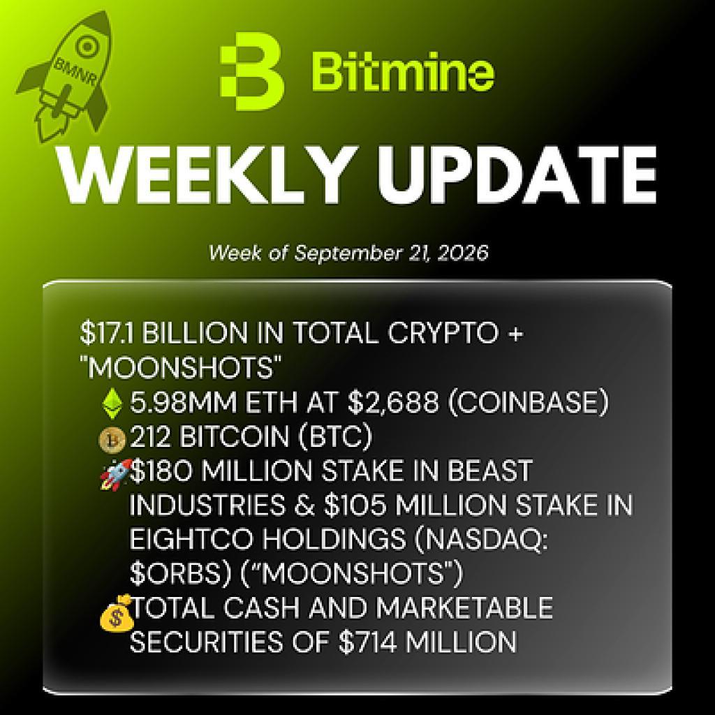 Bitmine сообщила о 17,1 млрд долларов в криптовалюте, денежных средствах и «moonshot»-активах