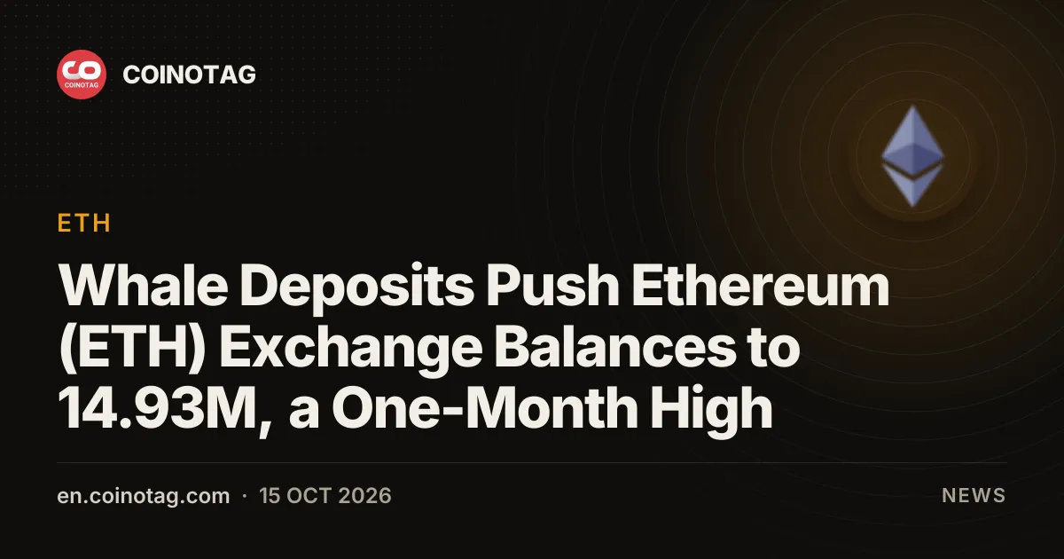 Депозиты китов подняли баланс Ethereum (ETH) на биржах до 14,93 млн — максимума за месяц