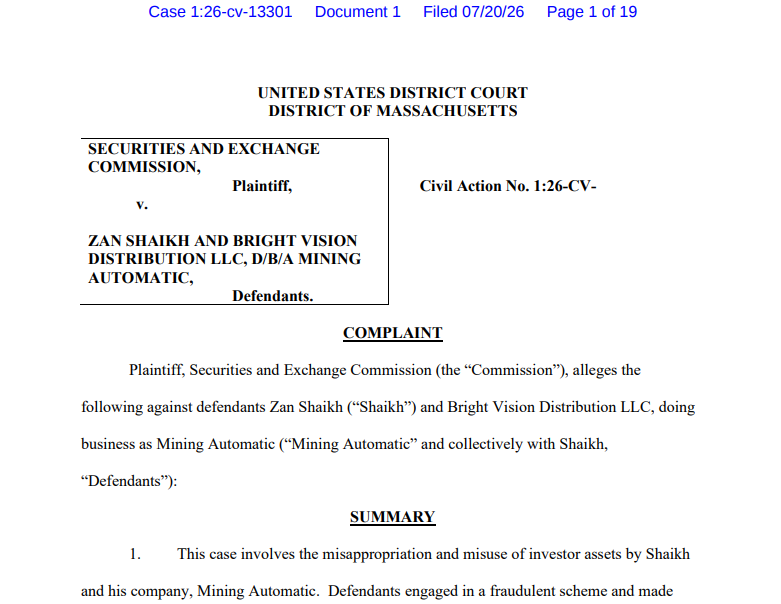 La SEC statunitense accusa Mining Automatic e Zan Shaikh per presunta frode di 22 milioni di dollari nel mining di criptovalute