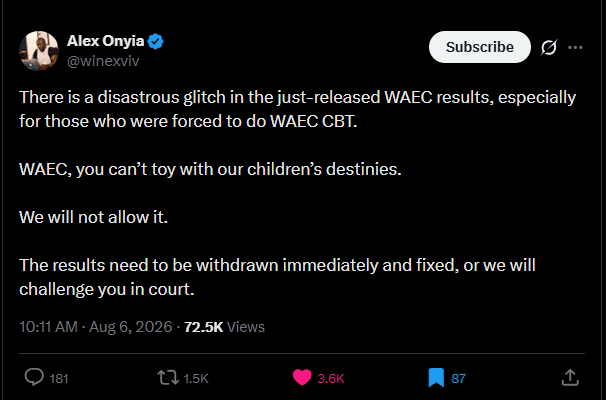 Le PDG d'Educare Alex Onyia allègue un bug majeur dans les résultats WASSCE 2026 du WAEC et menace de poursuites judiciaires
