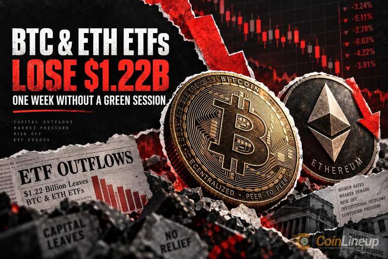 ETF-y na Bitcoina i Ethereum straciły 1,22 mld USD w tydzień bez ani jednej zielonej sesji