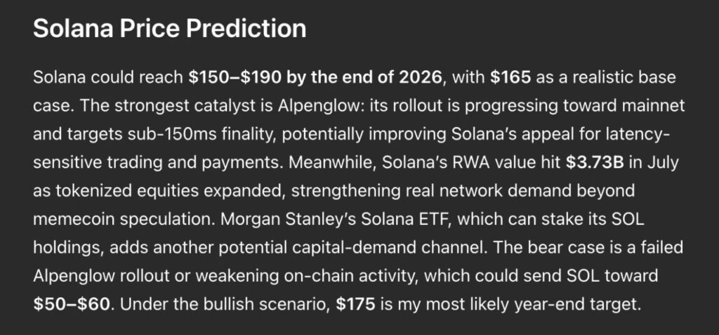 Прогноз ИИ ChatGPT: цель по Solana $150–$190 к концу 2026 года благодаря Alpenglow и росту токенизированных активов