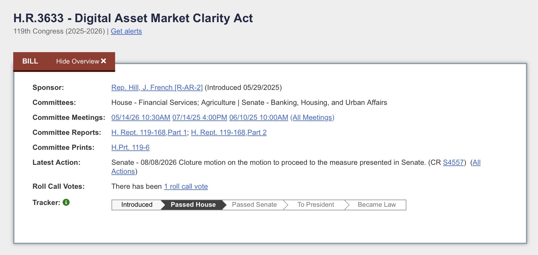 Сенат назначил на 15 сентября процедурное голосование по законопроекту CLARITY (H.R. 3633)