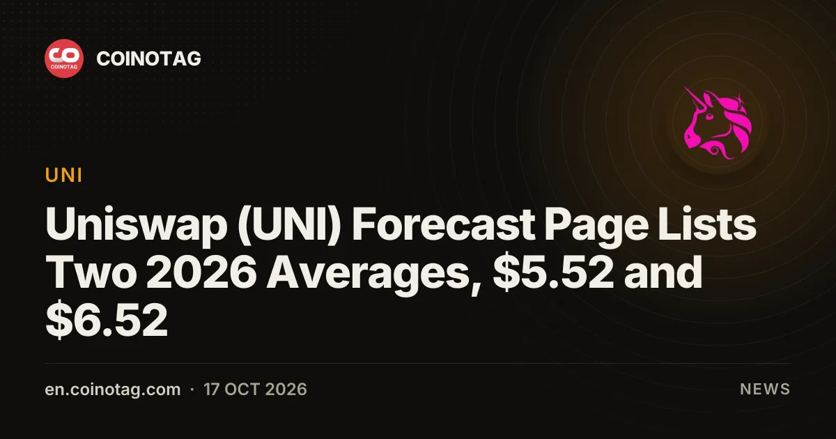 Страница прогноза цены Uniswap (UNI) показывает два разных средних значения на 2026 год: $5.52 и $6.52