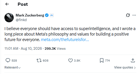 Meta Plans Free Personal Superintelligence for Everyone Worldwide
