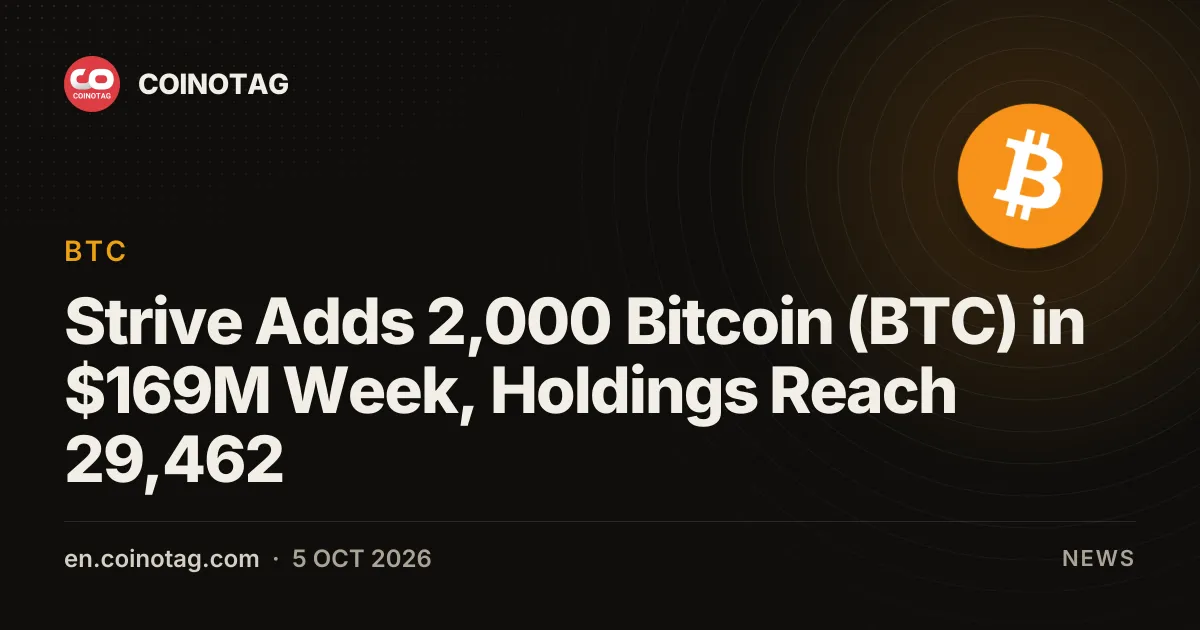 Strive приобрела 2 000 биткоинов (BTC) за 169 млн долларов за неделю: запасы достигли 29 462 BTC