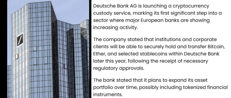 La Deutsche Bank lancerà un servizio di custodia per Bitcoin ed Ethereum in Europa
