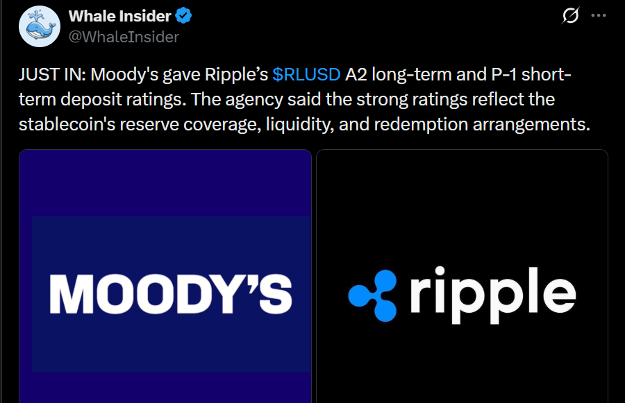 RLUSD получил рейтинги A2 и P-1 от Moody’s, а Coinbase расширяет поддержку