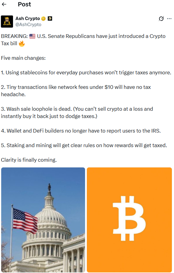 U.S. Crypto Tax Bill Would Exempt Stablecoin Payments and Extend Wash-Sale Rules to Digital Assets