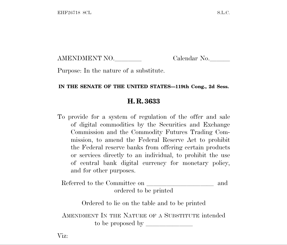 Republikaner im Senat veröffentlichen aktualisiertes 630-seitiges CLARITY Act vor der Abstimmung am 15. September