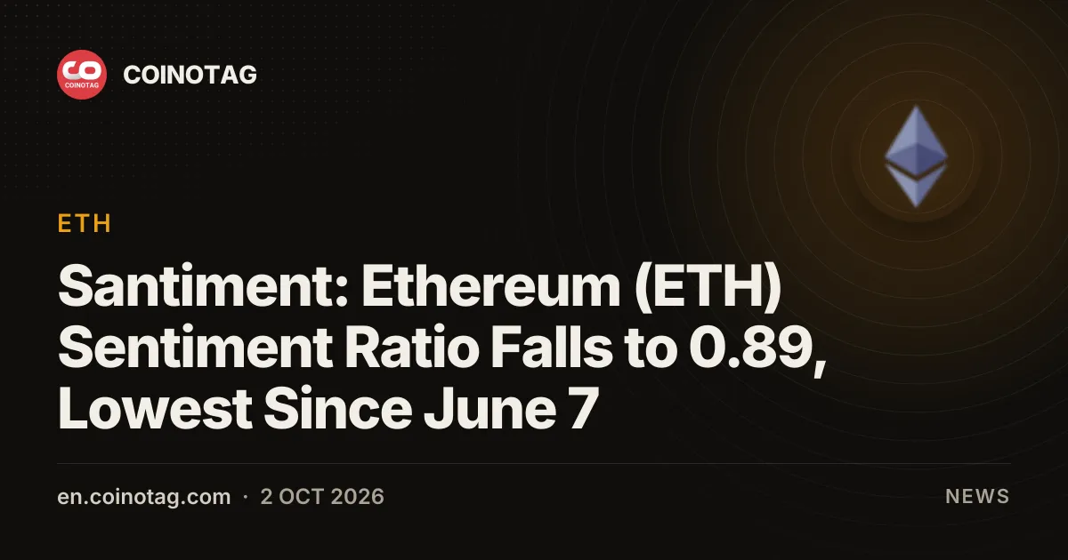 Santiment: коэффициент настроений Ethereum (ETH) упал до 0,89 — минимум с 7 июня