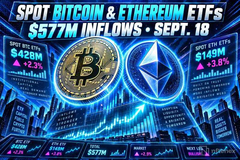 Spot Bitcoin, Ethereums Draw $577 Million in Net Inflows on Sept. 18