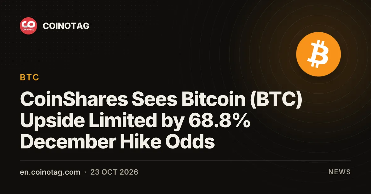 CoinShares、12月利上げ確率68.8%によりビットコイン(BTC)の上値は限定的と指摘