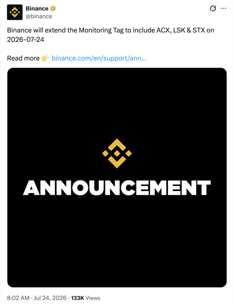 Binance pone a ACX, LSK y STX bajo revisión con la Monitoring Tag