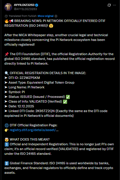 Pi Network entra en el registro ISO 24165 a través de DTI Foundation, marcando un hito técnico clave