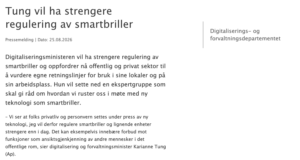 Noruega evalúa prohibir el reconocimiento facial en gafas inteligentes, pero sin fecha límite