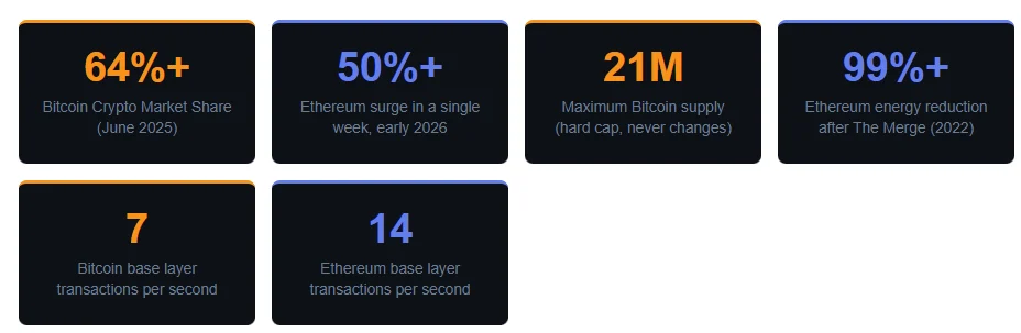 Биткоин против Ethereum в 2026 году: сравнение ключевых данных
