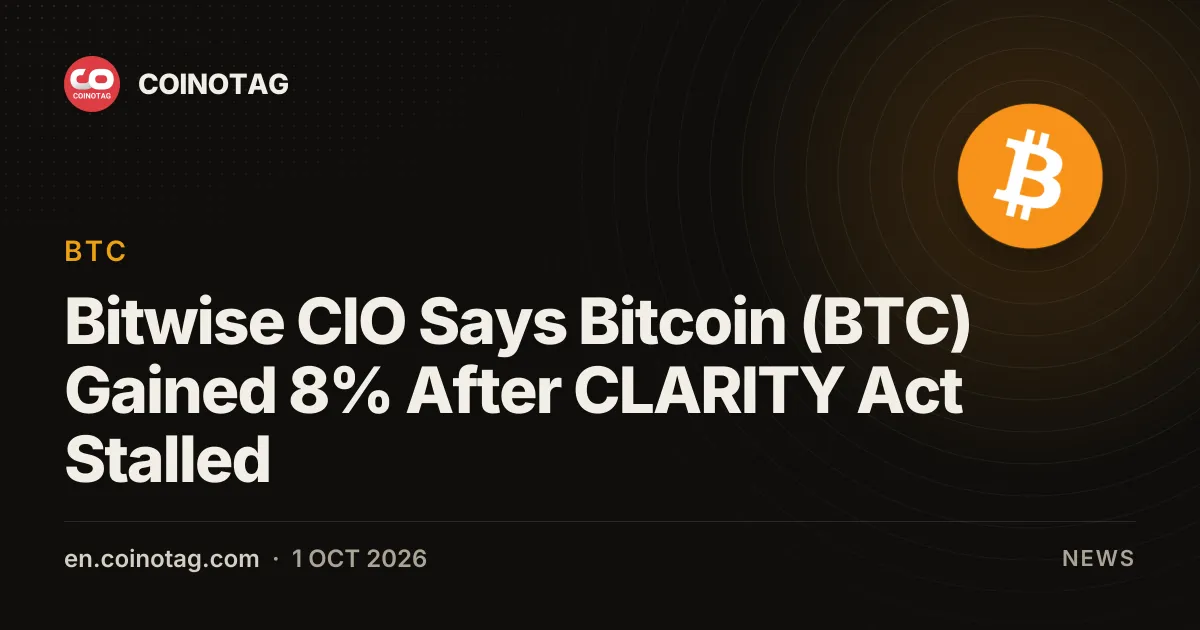 Bitwise-CIO Matt Hougan zegt dat Bitcoin (BTC) 8% steeg nadat de CLARITY Act in de Senaat vastliep