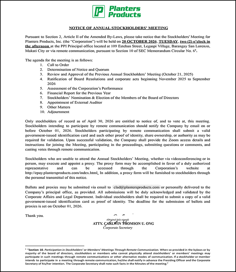 Planters Products, Inc. terrà l'Assemblea Annuale degli Azionisti il 20 ottobre