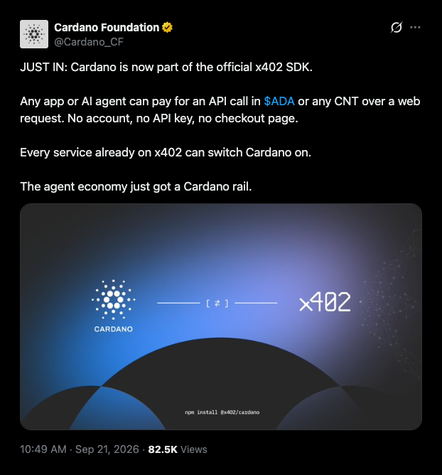 Фонд Cardano добавил ADA в x402: фасилитатор платежей для ИИ-агентов всё ещё ждёт запуска в mainnet