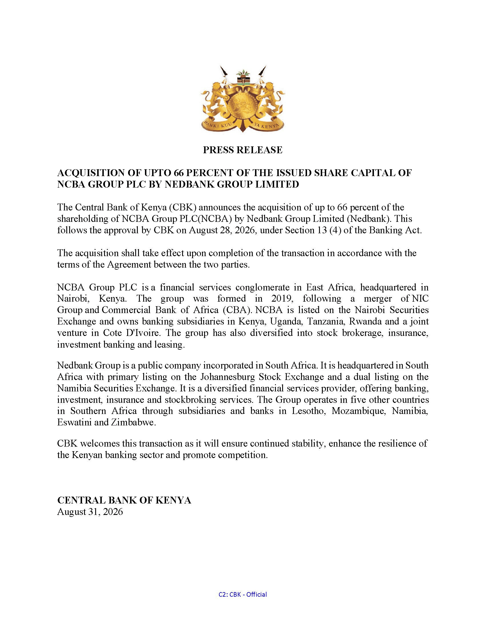 La Banca Centrale del Kenya approva l'acquisizione di fino al 66% di NCBA Group da parte di Nedbank