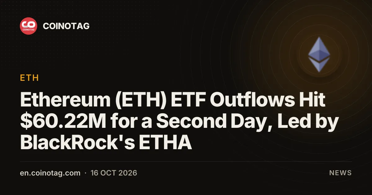 Отток из ETF на Ethereum (ETH) достиг $60,22 млн второй день подряд во главе с ETHA от BlackRock