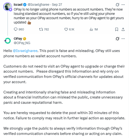 OPay、口座番号に関する誤情報の投稿に対し法的措置を示唆