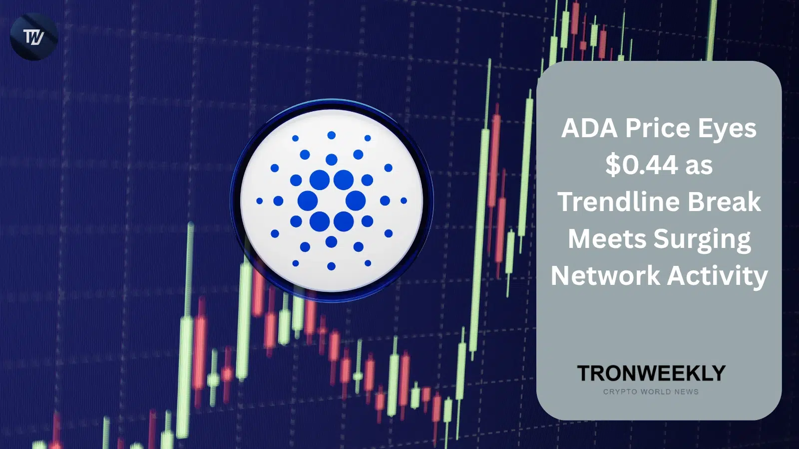 ADA celuje w 0,44 USD, a przebicie linii trendu zbiega się w czasie z rekordową aktywnością sieci Cardano