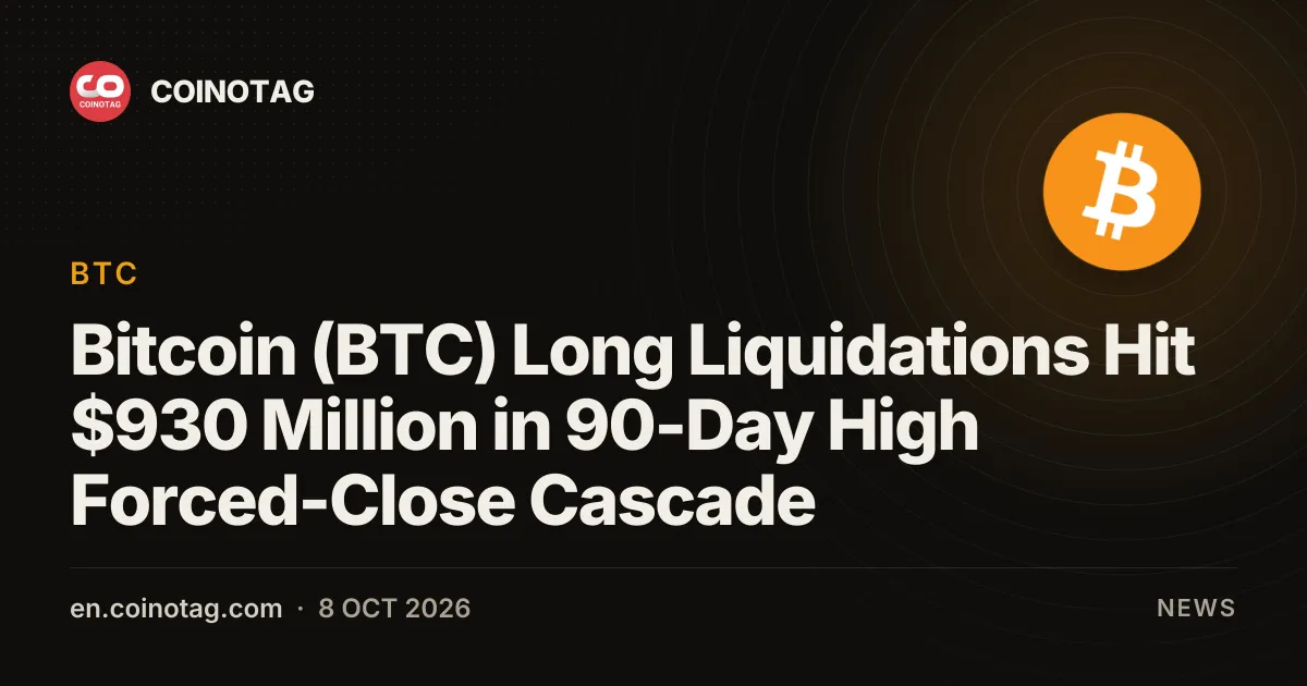 Ликвидации длинных позиций по биткоину (BTC) достигли 930 млн долларов — максимум за 90 дней в каскаде принудительных закрытий