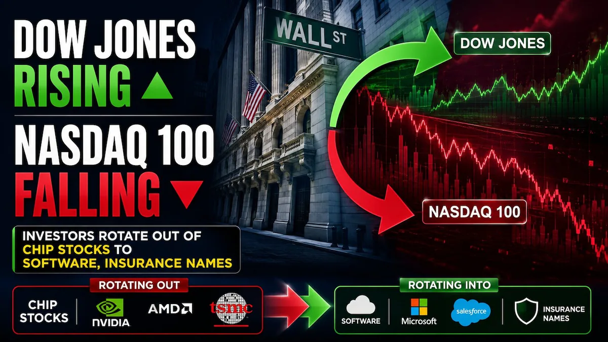 Dow Jones вырос почти на 550 пунктов, а Nasdaq 100 упал на 1% на фоне ротации из полупроводников в программное обеспечение