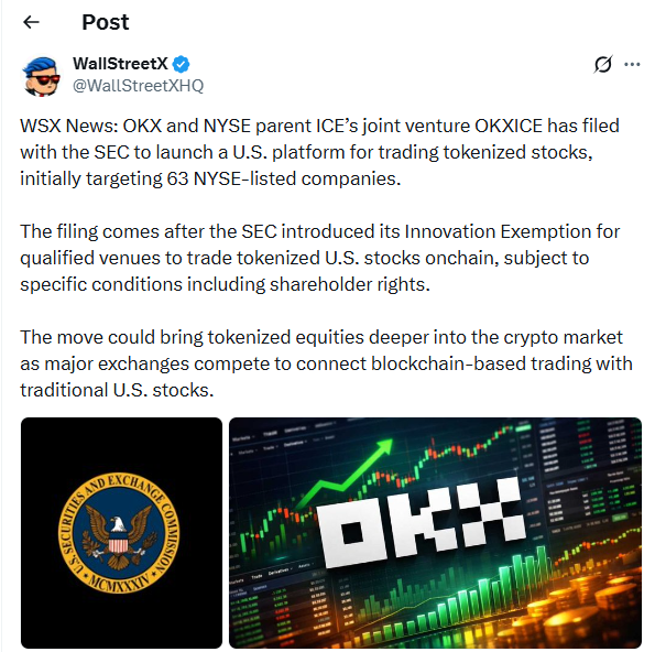 OKX подала заявку в SEC на запуск в США площадки для токенизированных акций через СП с ICE