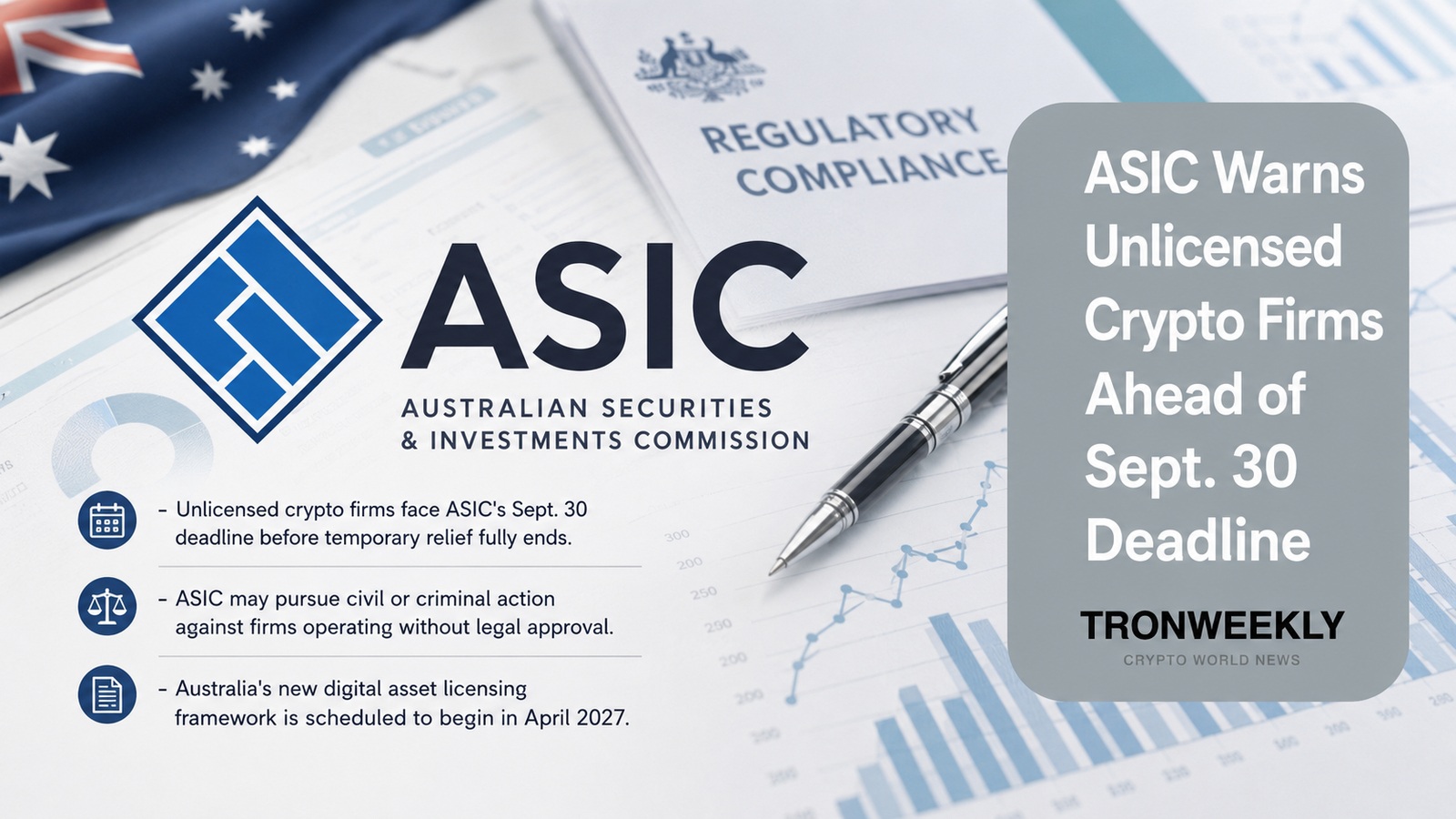 ASIC警告无牌加密公司:须在9月30日牌照截止日前采取行动