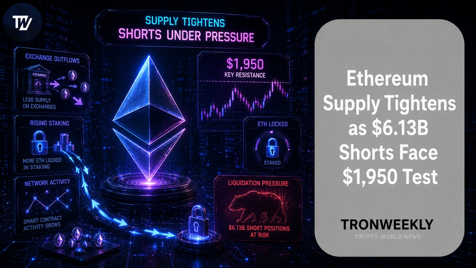 Предложение Ethereum сужается, а шорты на $6,13 млрд проходят тест на уровне $1,950