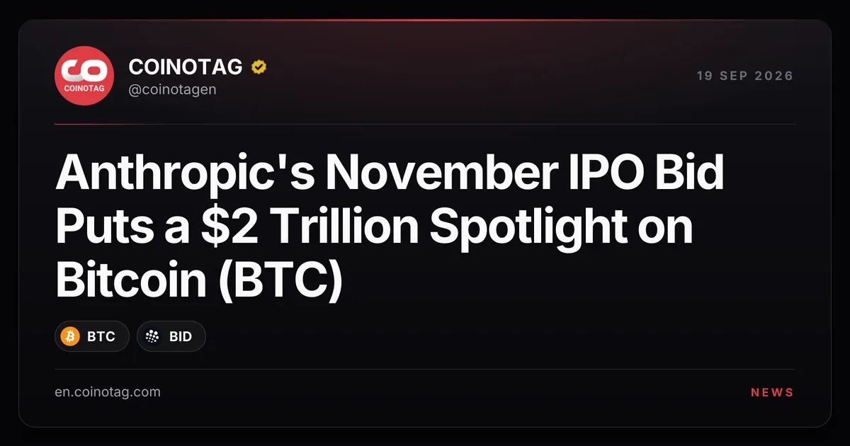 Ноябрьское IPO Anthropic привлекает к Bitcoin (BTC) внимание в контексте оценки в $2 триллиона