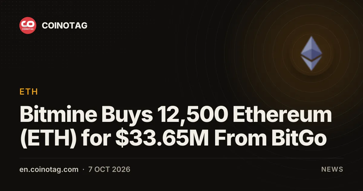 Bitmine купил 12 500 Ethereum (ETH) на $33,65 млн у BitGo, казначейство достигло 4,9% предложения